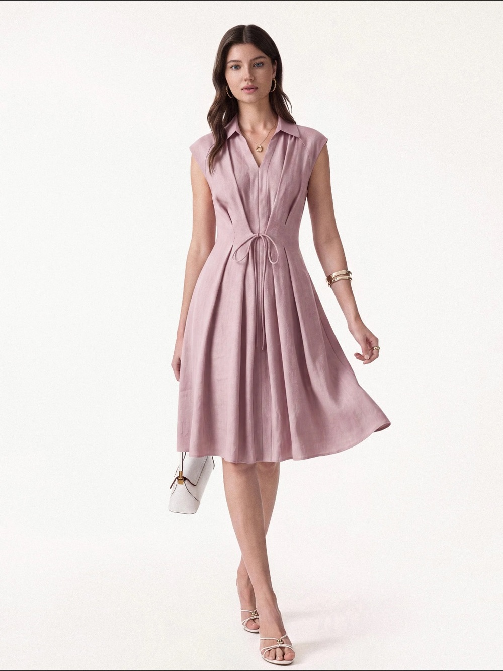 OGL NWT Pink Linen Blend Collared Tie Waist Sleeveless Midi Dress Size 2XL